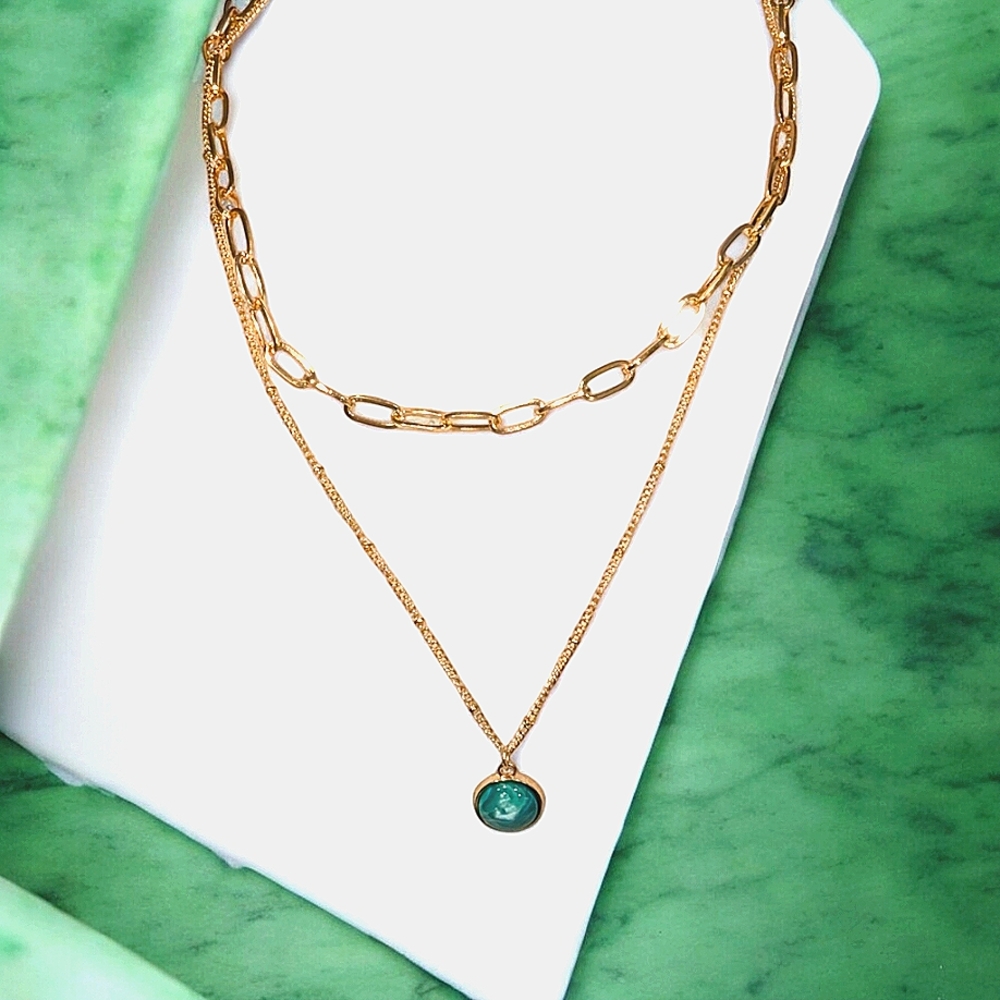 Double Layer Necklace w/Green Zirconia